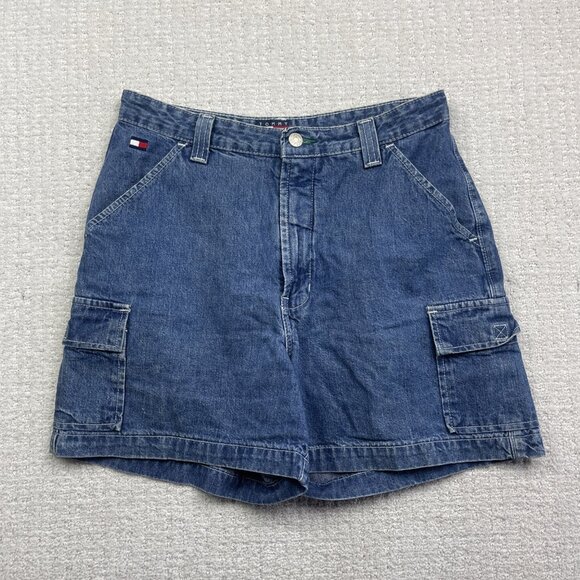 VTG 90s Tommy Hilfiger Cargo Shorts Wom 12 Blue Denim Carpenter Jean Canada Made - Picture 1 of 12
